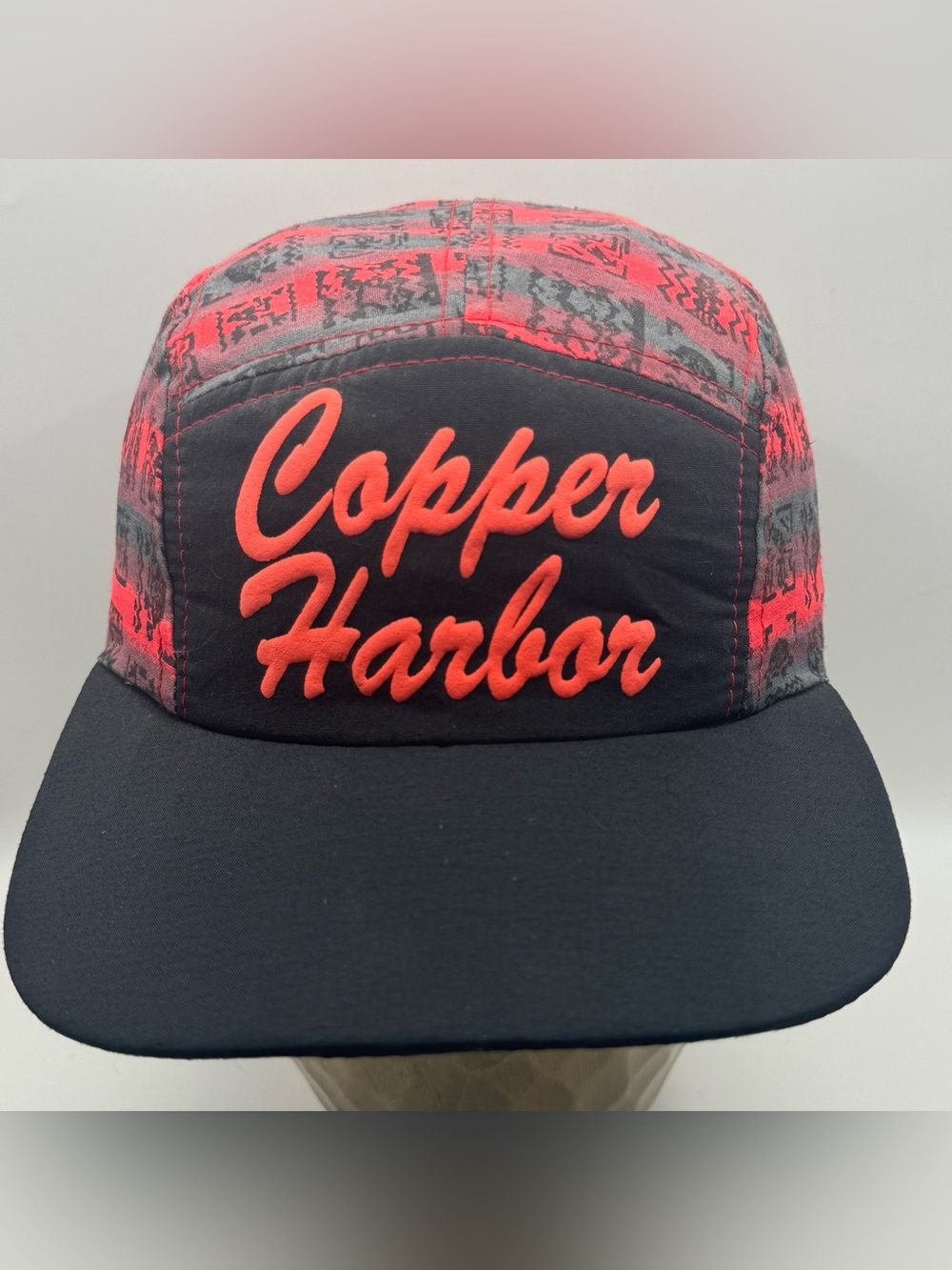 Vintage Copper Harbor Michigan Snapback Hat Neon Red Black Southwest Pattern Cap